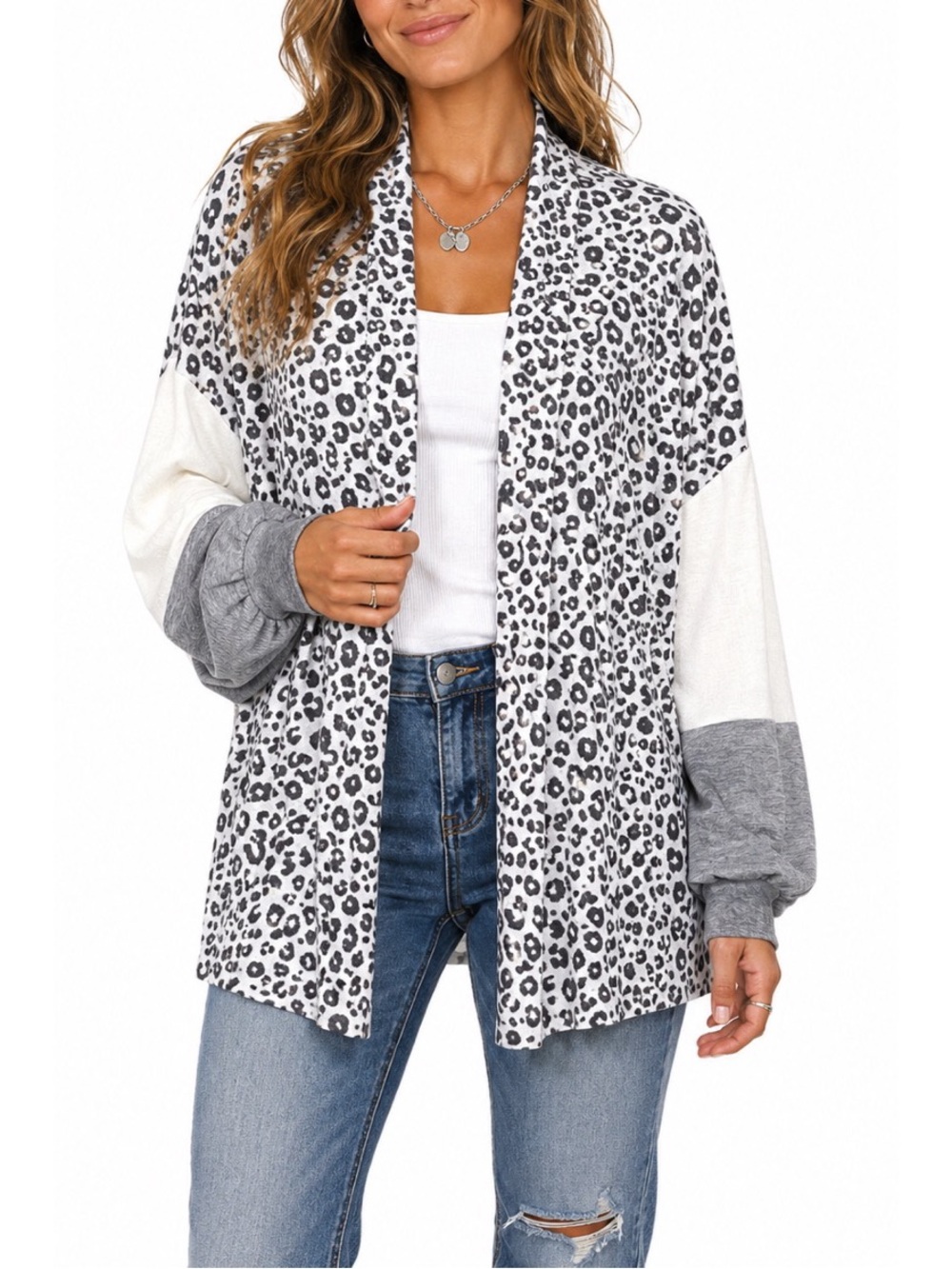 Andree by Unit Gray & White animal print cardigan shawl